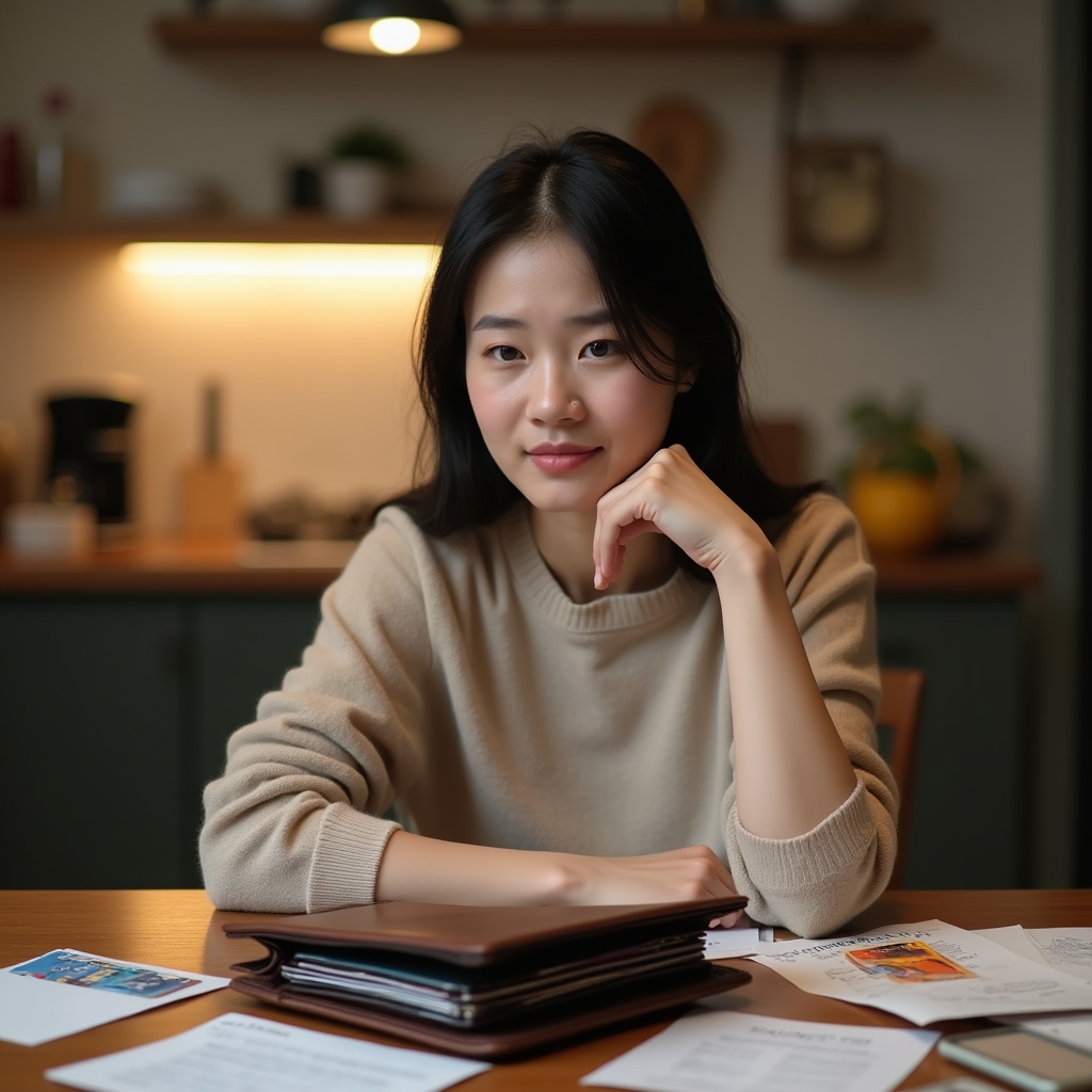 Person looking concerned at empty wallet with gift card receipts spread on table