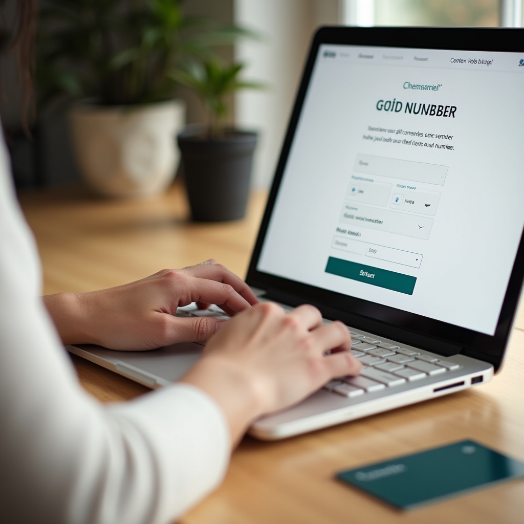 Close-up of hands typing gift card number into laptop checkout form, warm indoor light