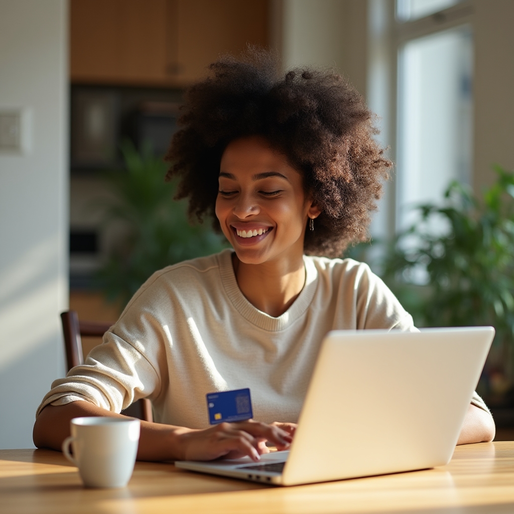 Person using laptop to make an online purchase with a gift card, coffee cup nearby