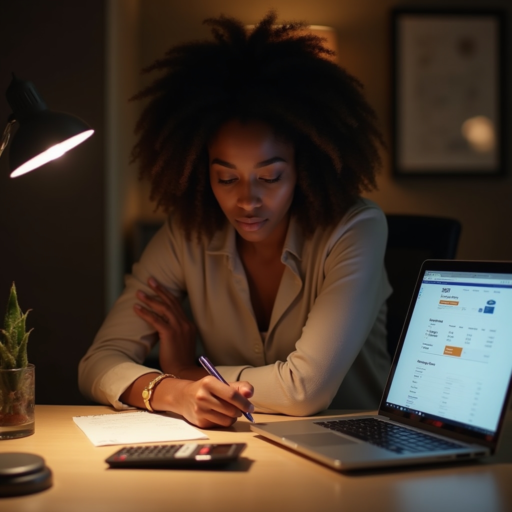 Person at desk calculating remaining gift card balance with notepad and calculator, focused expression
