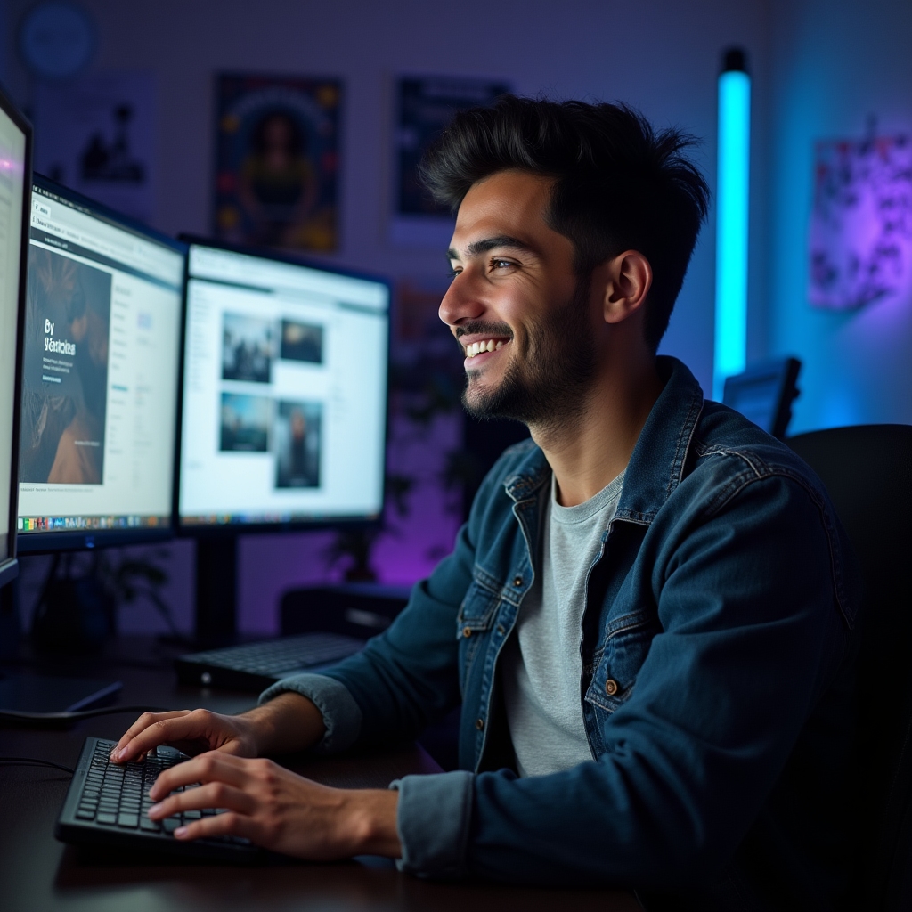 James Rivera, Digital Producer, managing website content on dual monitors